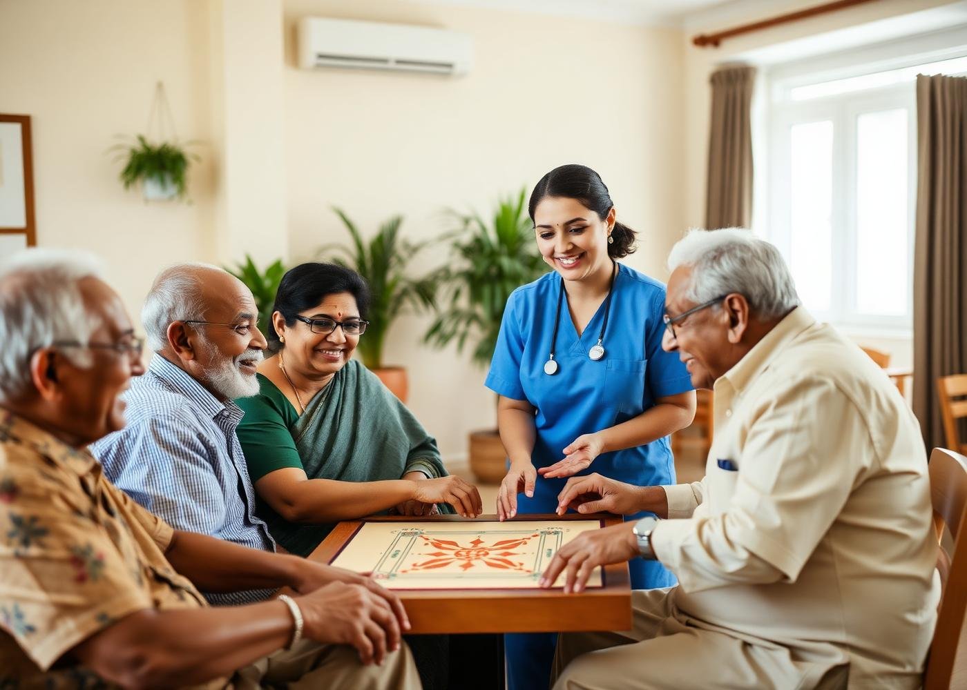 Seniors playing carrom at Uddhaar